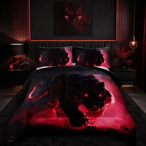 Nttopship Tiger Comforter Set 3pcs Queen Size，Black Tiger Bedding Set