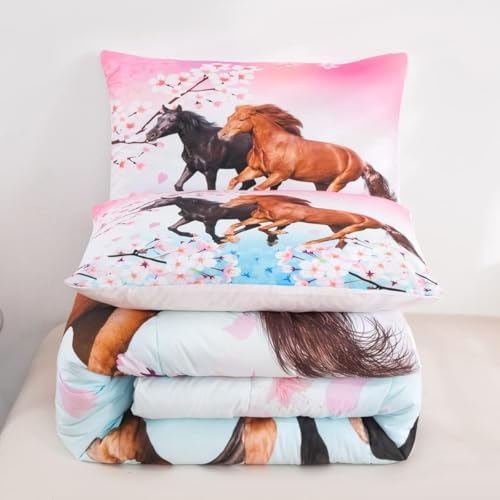 Feelyou Girls Horse Comforter Set Toddler Size 3Pcs for Kids Teens