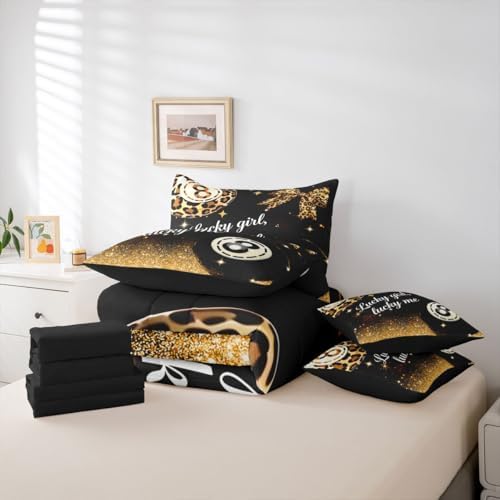 Erosebridal Brown Leopard Bow 7 Piece Bedding Set Twin Size,Y2K Lucky 8 Ball Comforter Set Fashion Cheetah Print Bowknot Bed in A Bag with Sheets Preppy Room Decor,Black Gold Trendy Luxurious Bed Set