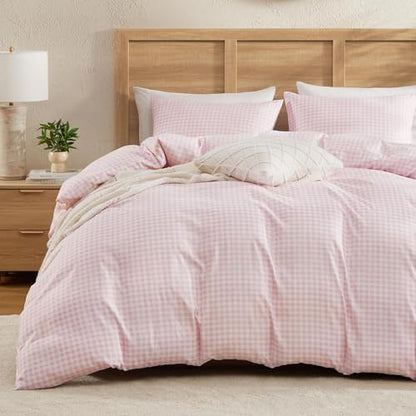 Andency Pink Gingham Duvet Cover King, Blush Checkered Plaid Bedding Set