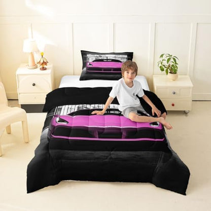 Feelyou Boys Pink Race Car Comforter Set King Size Pink Luxury Car Bedding Set for Kids Boys Girls Extreme Sports Duvet Quilt Fast and Furious Bedroom Decor 3 Pcs with 2 Pillow Cases