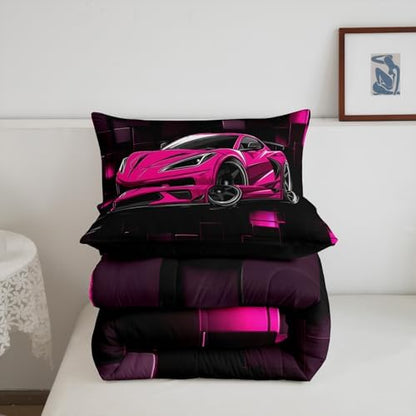 Erosebridal Speed Race Car Comforter Set Queen Hot Pink Sports Car Bedding Set Boys Extreme Sports Down Comforter Black and Hot Pink Quilt Fashion Geometric Duvet Insert 3Pcs Bedding Decor
