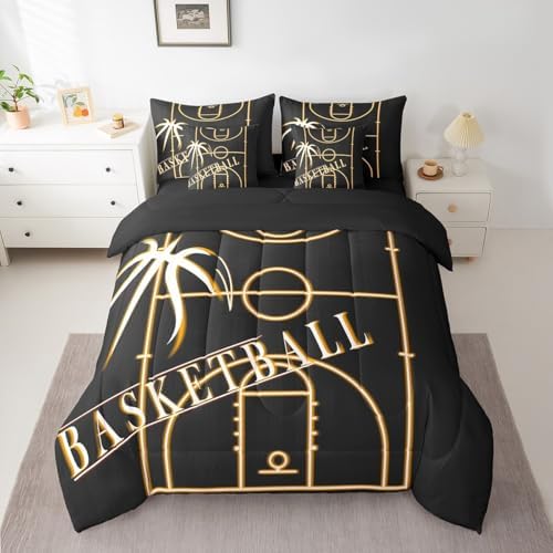 Erosebridal Sport Bedding Comforter Sets 7pcs for Boys Basketball Toddler Bed in a Bag, Sports Theme Twin Bedding Sets Orange Black Comforter Set, Glowing Gradient Bedding Sets & Collections Soft