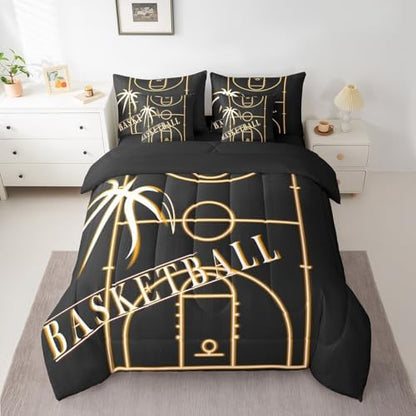 Sport King Comforter Set 7 Pieces for Boys Basketball Toddler Bedding Comforter Sets, Sports Theme Bed in a Bag Orange Black Bedding Set, Glowing Gradient Bed Sheets Set Soft (Black Reversible)
