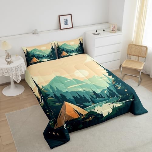 Happy Camping Comforter Set Twin Size,Sunset Mountain Camper Bedding Set for Kids Teens Adults Room Decor,Lake Tree Woodland Duvet Insert 2Pcs,Nature Scenery Camper Adventure Quilt Set,1 Pillowcase