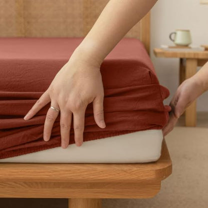 BESTOUCH Sheet Set 100% Washed Cotton Linen Feel Super Soft Comfortable Chic Lightweight 4 Pcs Home Bedding Set Solid Crimson Red Queen