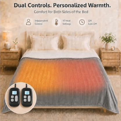 Electric Heated Blanket Queen Size 84" x 90", Soft Flannel for Bed, Couples, 10 Heat Settings, 1-12H Auto Shut Off, Dual Zone Controls, Overheat Protection, Machine Washable, Light Gray