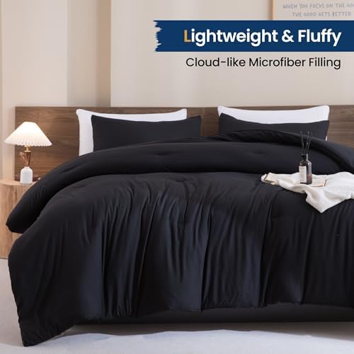 Paxrac Black Queen Comforter Set, Modern 3 Pieces Comforter Set, Lightweight & Fluffy Solid Bedding Set Queen Size, All Seasons Soft Breathable Queen Comforter Set (90x90In Comforter & 2 Pillowcases)