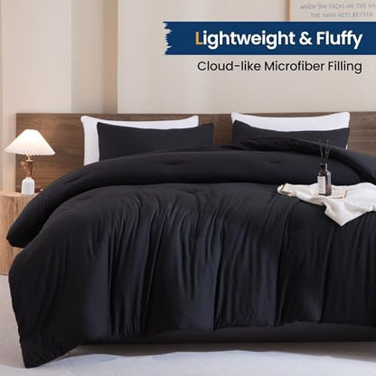 Paxrac Black Comforter Set King Size, Modern 3 Pieces Comforter Set, Lightweight & Fluffy Solid Bedding Set, All Seasons Soft Breathable King Comforter Set (104x90In Comforter & 2 Pillowcases)