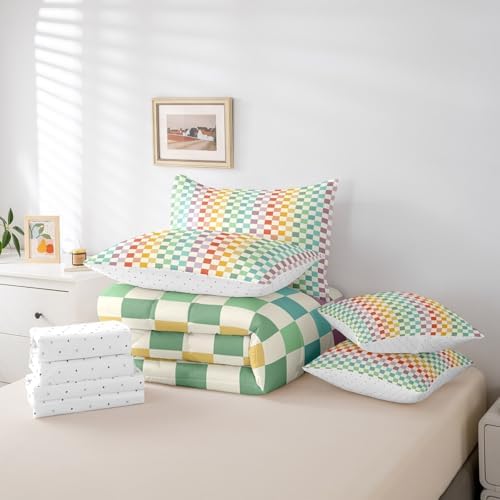 jejeloiu Purple Green Yellow Bedding Set 7Pcs Queen Size Kids Buffalo Plaid Comforter Set with Sheets for Boys Girls Checkered Grid Bed in a Bag Soft Lightweight,Microfiber