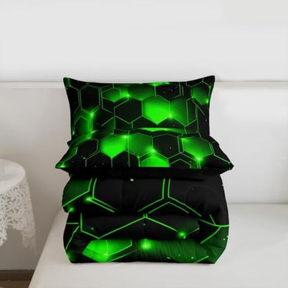 Feelyou Honeycomb Bedding Set Kids Toddler Queen, Beehive Geometric Comforter Set Honeycomb with Green Yellow Neon Lights Comforter Hexagonal Duvet Durable Quilt Queen Size