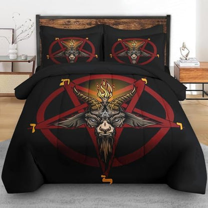 Pamnest King Comforter Set with Sheets, 7 Pieces Baphomet Red Bedding