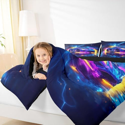 Erosebridal Neon Race Car Bed for Boys,Cool Watercolor Sports Car Comforter Toddler Size for Kids Boys Girls,Extreme Sports Car Racing Games Bedding Sets,Teal Blue Lightning Duvet Insert,Purple Blue