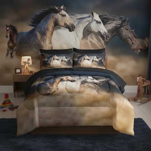 QOOMO Running Horse 7 Pieces Comforter Set Queen,Galloping Horse Bedding