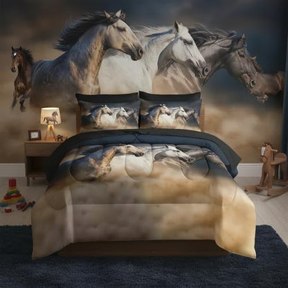QOOMO Running Horse 7 Pieces Comforter Set Queen,Galloping Horse Bedding