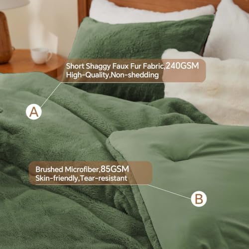 BEDELITE Faux Fur Twin Comforter Set Olive Green,Warm Comforter for Winter