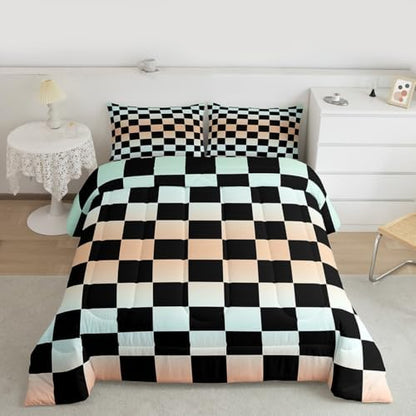 Checkered Geometric Bedding Set for Boys Girls Gradient Teal Blue Plaid Comforter Set Twin Size Checkerboard Modern Aesthetic Duvet Quilt Reversible Grey Bedroom Decor 2 Pcs with 1 Pillow Cases