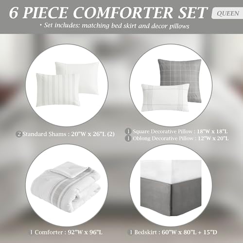 Harbor House Queen Comforter Set, Stripes Clipped Jacquard, Soft Cotton Oversized Comforter for a Queen-Size Bed, Farmhouse Bedding, 2 Shams, Bedskirt, 2 Décor Pillows, Morgan, Queen White/Grey
