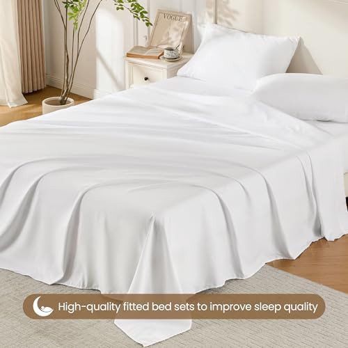 ROSE&RISY White Queen Sheet Set, 4 Pieces Soft Bedding Queen Sheet Set, Breathable and Cooling Sheets, Deep Pocket with 1 Fitted, 1 Flat, 2 Pillow Cases (White, Queen Size)