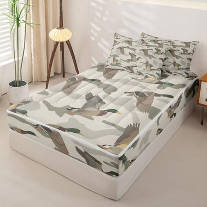 Feelyou Mallard Duck Zipper Bedding Brown Camouflage Comforter Set for Kids Boys Girls Queen Size Cabin Lodge Camo Zippered Kids Bedding Set Ultra Soft Wild Hunting Bed in a Bag