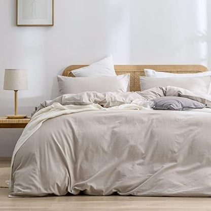BESTOUCH Cotton Solid Duvet Cover Set Linen Feel Linen Grey Queen