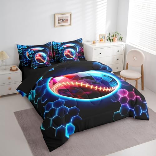 Erosebridal Baseball Full Bedding Set - 3D Glitter Ball Pattern Bed in A Bag,Colorful Neon Honeycomb Comforter Sets with Sheets, Geometric Hexagon 7 Pieces Bed Set Bedroom Decor
