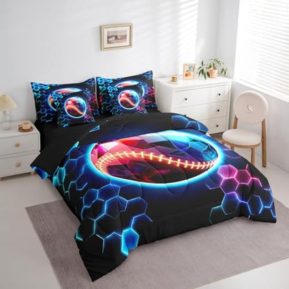 Erosebridal Baseball Full Bedding Set - 3D Glitter Ball Pattern Bed in A Bag,Colorful Neon Honeycomb Comforter Sets with Sheets, Geometric Hexagon 7 Pieces Bed Set Bedroom Decor