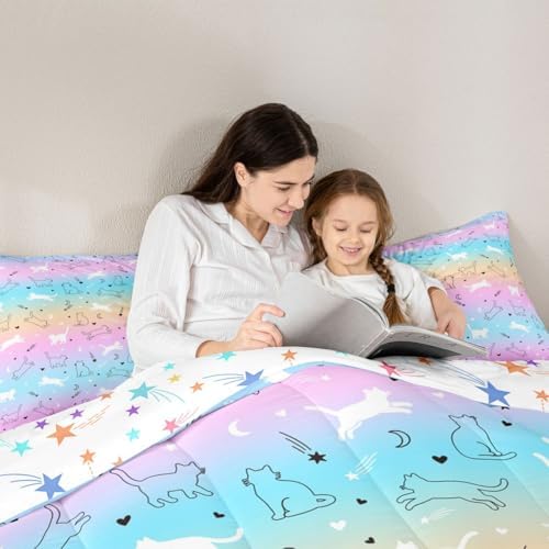 Kids Cat Comforter Set Twin Gradient Line Cute Cat Bedding for Boys Girls Teens Lovely Cartoon Pet Cats Bedding Comforter Sets Kawaii Kitten Print Duvet Insert Cat Lover's Animal Themed Design Quilt