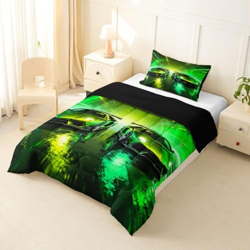Feelyou Green Racing Car Kids Comforter Set Toddler Size Boys Sports Car Bedding Set Speed Sports Duvet Quilt for Kids Boys Girls Bedroom Extreme Decor Microfiber Ultra Soft Breathable