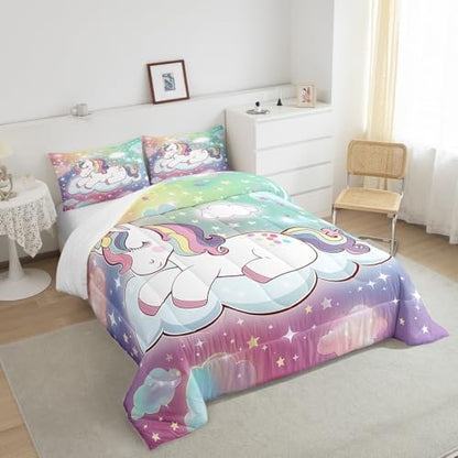 Cute Rainbow Unicorn Comforter Set Full Galaxy Unicorn Kawaii Girls Bedding Sets Room Decor,Kids Glitter Star Pastel Tie Dye Bedding Comforter Set,Cartoon Fantasy Animal Quilt Duvet 2 Pillowcases