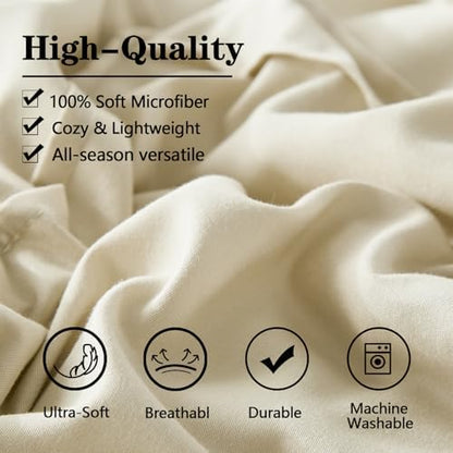Yogeneg King Size Comforter Set 7 Piece Bed in a Bag,Grid Pinch Pleat Beige Bedding Set,Striped Textured Soft Microfiber Comforter with Sheet Set,All Season Complete Bed Set(Beige,King)