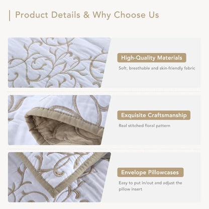 Lady Ann 3Pcs Oversized King Quilt Set 128x120 - Beige Embroidery Pattern Reversible Cotton bedspreads & coverlets, Lightweight Quilted Extra Large Elegant Oversized King Bedroom Bedding Set