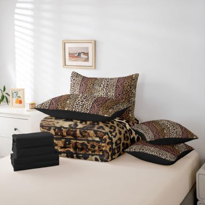 Erosebridal Dusty Rose Leopard Print 7-Piece Bed in a Bag Full Size for Men Women Adults - African Cheetah Printed Bedding Set Wild Safari Animal Comforter Set with Sheets Modern Leopard Print Quilt