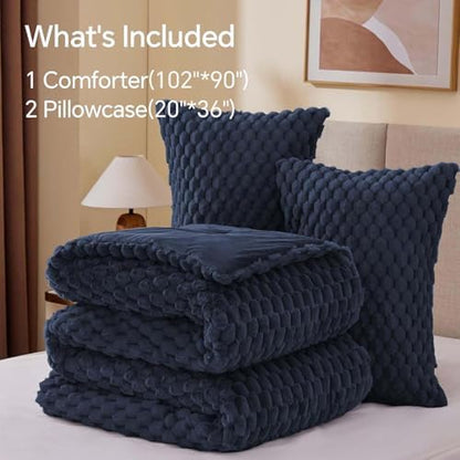 BEDELITE Fluffy King Size Comforter Set, Navy Fleece Bed Set 3 Pieces
