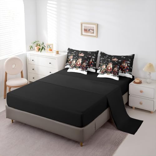 Erosebridal Xmas Nutcracker 7 Piece Bedding Set Twin Soldier Comforter Set with Sheets Christmas Black White Bed in a Bag Cute Snowflakes Bed Sets Comforter