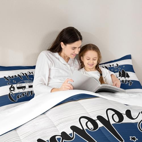 Happy Camping Comforter Set Twin Size,Camper RV Trailer Decor Bedding Set 2pcs for Kids Boys Girls Adults,Rustic Farmhouse Wooden Plank Down Comforter,Blue White Retro Duvet Insert,1 Pillowcase