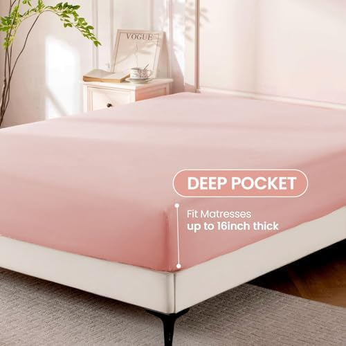 ROSE&RISY Pink King Sheet Set, 4 Pieces Soft Bedding King Sheet Set, Breathable and Cooling Sheet Bed Set, Includes 1 Fitted Sheet, 1 Flat Sheet, 2 Pillowcases - Deep Pocket (Pink, King Size)