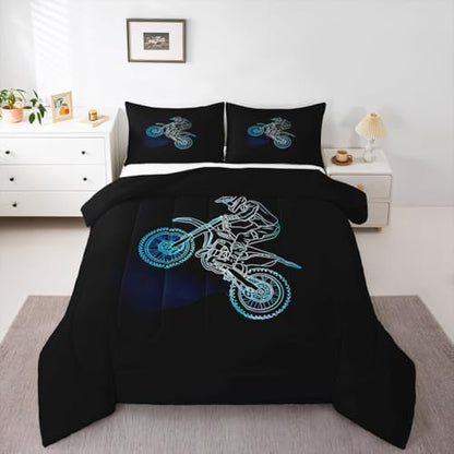 Feelyou Neon Blue Dirt Bike Comforter Set Off-Road Sport Bedding Set with 2 Pillow Cases Neon Line Design Kids Full Outdoor Sports Room Decor Motocross Art Duvet Quilt Breathable Soft Lightweight