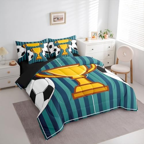 Erosebridal Boys Kids Navy Blue Football Gaming 7 Piece Bedding Set Twin | Playground Soccer Geometric Comforter Set with Sheets Striped Bed in A Bag Ball Games Bed Sets