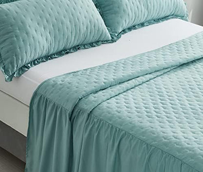CHIXIN Ruffle Skirt Bedspread King Size - 30" Long Drop, Shabby Chic Style, Lightweight Bedding Cover, 3 Piece Set, Seaglass