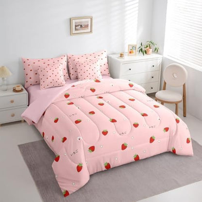 Erosebridal Girls Strawberry 7 Piece Bedding Set Twin Size Kawaii Bed in A Bag Kids Japanese Style Pink Cute Cartoon Fruit Food Theme Comforter with Sheets Girly White Floral Bed Sets
