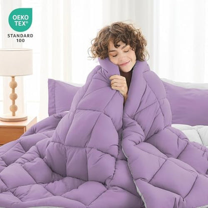 MUXHOMO 7 Pieces King Comforter Set, Reversible Bed in a Bag King Size, All Season Bedding Set with Comforter, Flat Sheet, Fitted Sheet, Pillowcases & Shams, Greyish Purple & Light Grey
