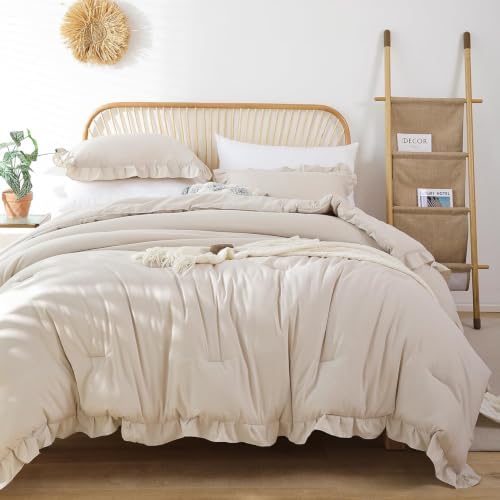 JANZAA Beige Comforter Set Oversized King, Ruffle Soft Bedding
