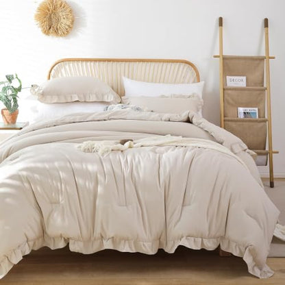 JANZAA Beige Comforter Set Oversized King, Ruffle Soft Bedding