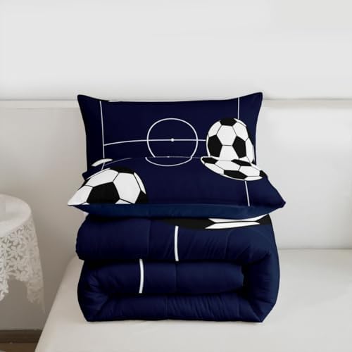 Castle Fairy Football Comforter Set King Size,Dark Blue White Ball Gaming Down Alternative Boys Bedroom Decor,Kids Soccer Sports Theme Ultra Soft Microfiber Inner Fill 3Pcs Bedding,All Season