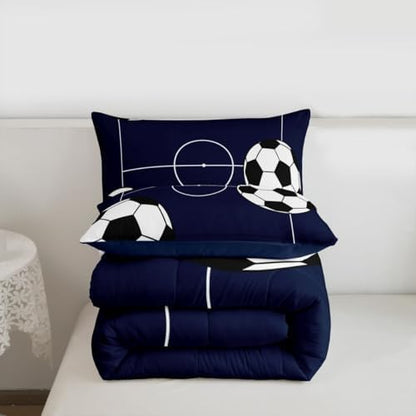 Castle Fairy Kids Soccer Sports Theme Comforter Set Full Size,Football Duvet Set for Teens Bedroom Decor,Dark Blue Ball Gaming Playground Microfiber Soft Bedding Boys Girls 3Pcs