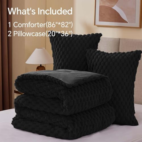 BEDELITE Fluffy Full Size Comforter Set, Black Fleece Bed Set 3 Pieces