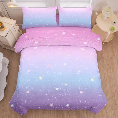 3PCS Girls Comforter Sets Full,Galaxy Bedding Set,Pink and Purple Bedding Set,Full Comforter Set for Girls