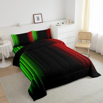 Feelyou Geometric Ombre Teens Comforter Set Kids Green Red and Black Bedding Set Decor Modern Stripes Comforter with 2 Pillowcases 3Pcs Bedding King