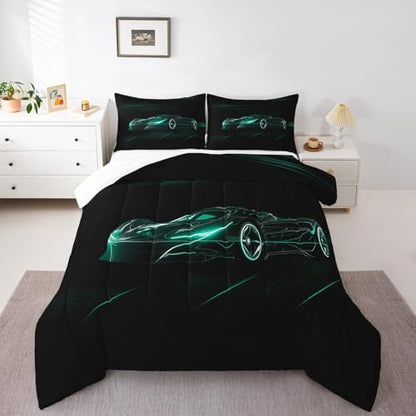 Feelyou Teal Race Car Bedding Set Toddle Size for Kids Boys Extreme Sport Games Duvet Cover Teens Toddler Fast and Furious Comforter Cover Set Cool Modern Bedspread Cover 2Pcs